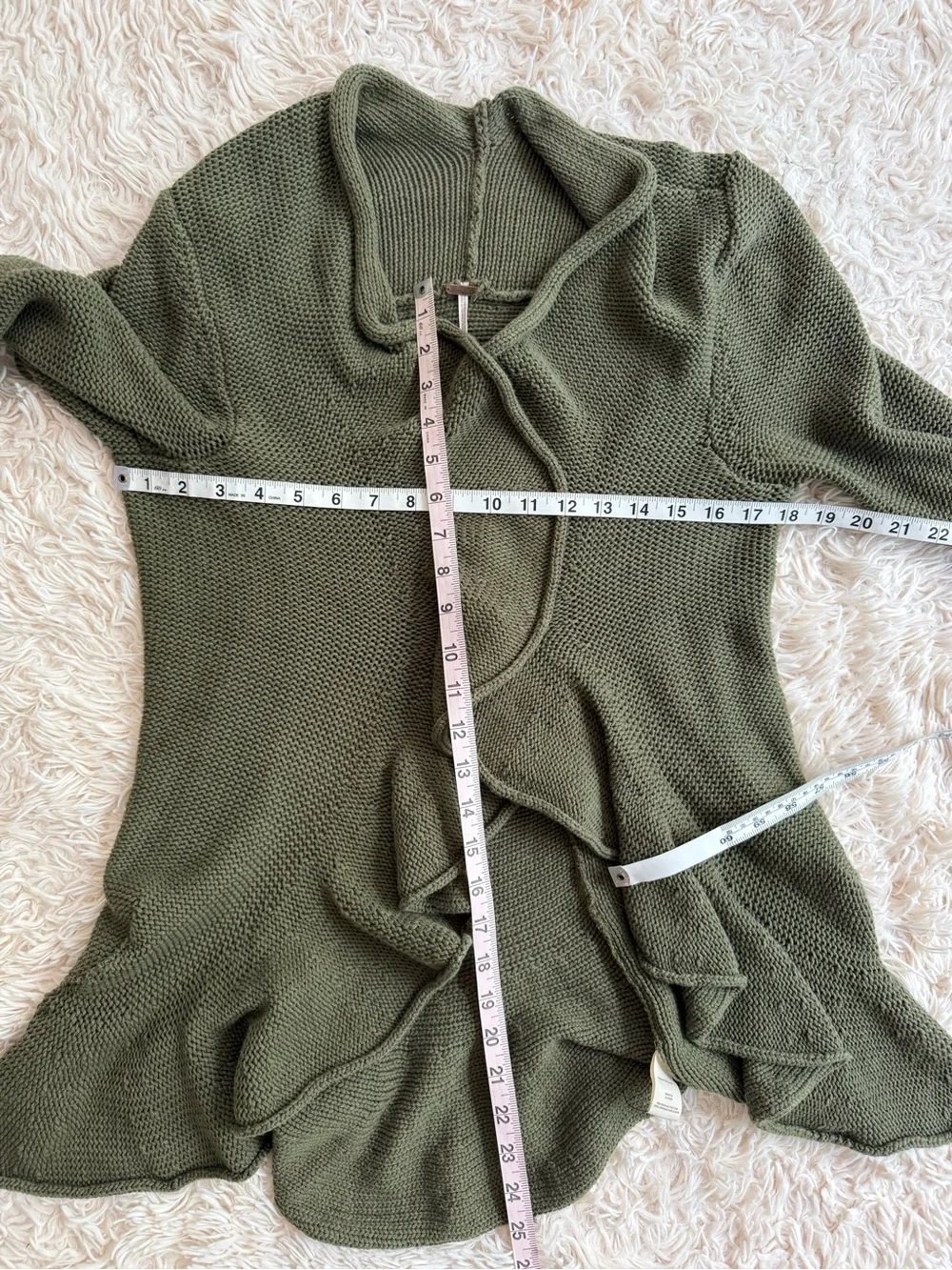 Free People Olive Green Ruffle Waterfall Cardigan 100% Cotton Knit Size L